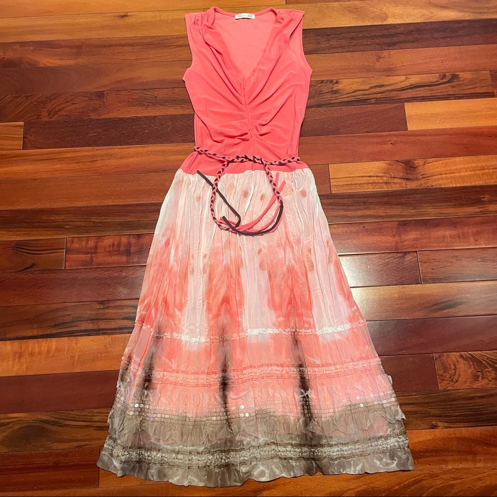 Sharon Max Coral Salmon Pink and Tye Dye Dress with Braided Belt (Small)